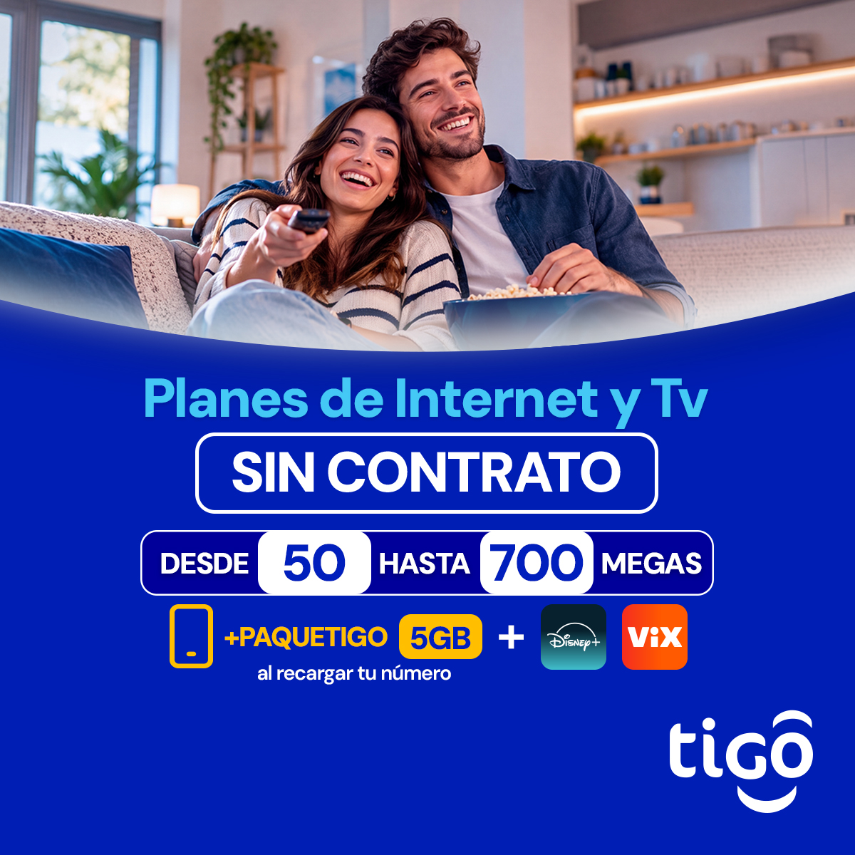 Planes de Internet y TV sin contrato desde 50 megas hasta 500 megas con paquete Tigo 5GB
